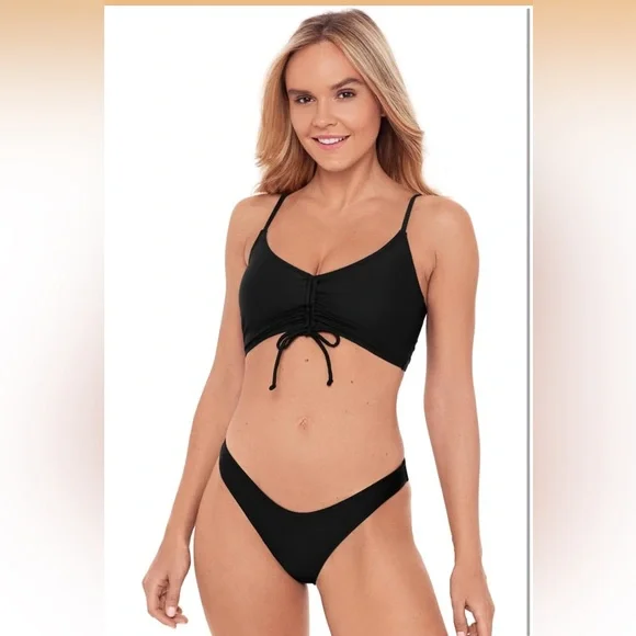 Sports Illustrated Swim Bikini Top Black XL Women's Shirred Tie Midkini Top B4 - Picture 4 of 6